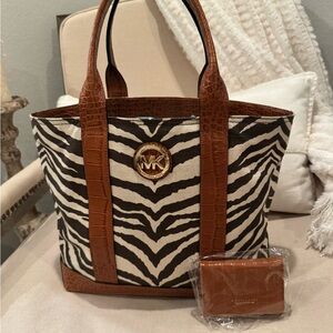 Michael Kors Zebra Print Tote with Brown Leather- Set